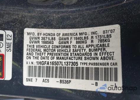 2007 Honda Civic Lx из США, поврежденный, VIN 1HGFA16507L137305